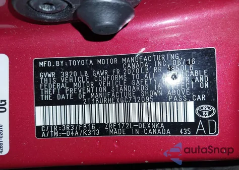 2016 Toyota Corolla Le из США, поврежденный, VIN 2T1BURHEXGC712095